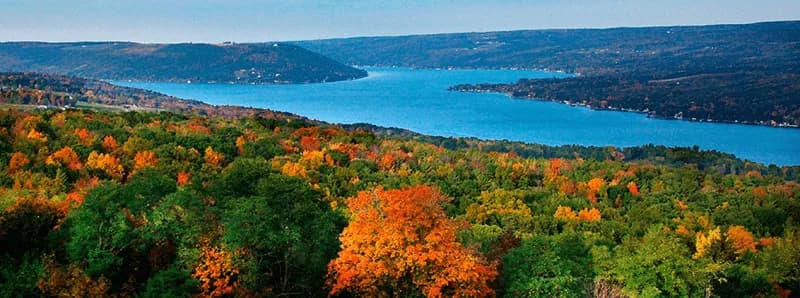 A panoramic view of a vibrant forest with autumn foliage overlooking a serene lake.