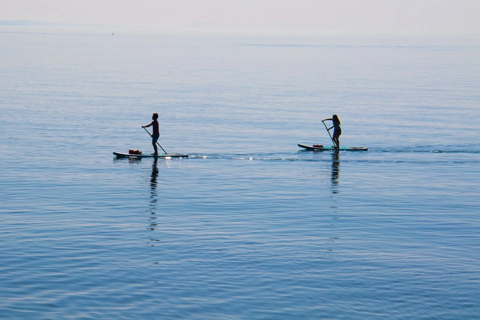 Two people paddleboarding on a calm, reflective body of water.